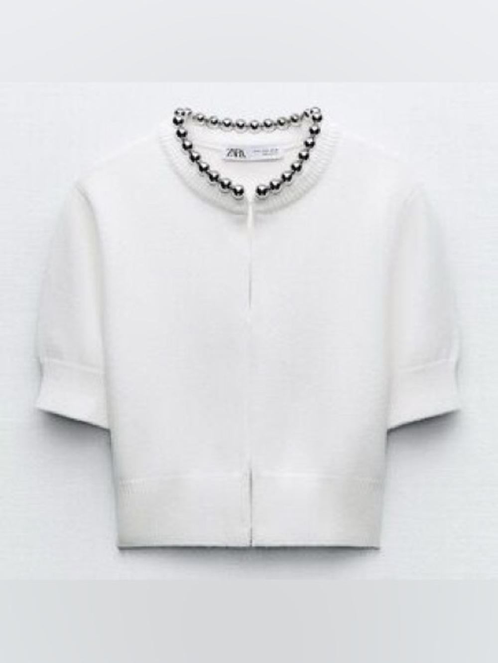 Zara White Short Sleeve w/ Silver oversized metallic silver Beaded Neck Cardigan